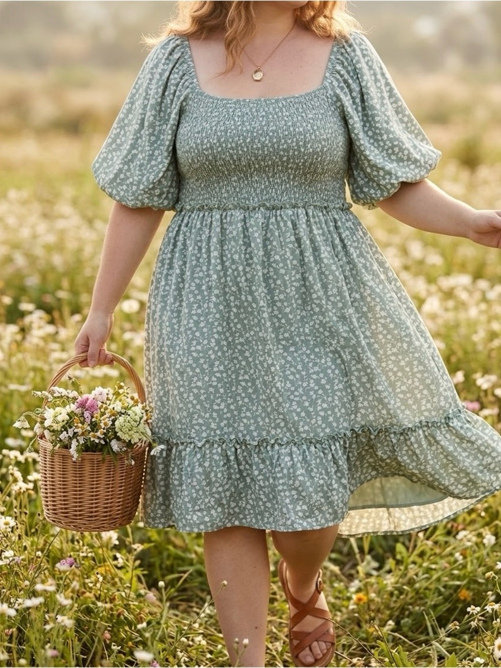 Sage Green Floral Smocked Puff-Sleeve Sundress